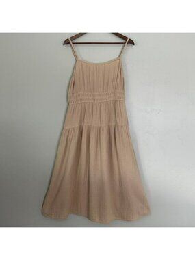 Old Navy 100 Cotton Gauze Midi Dress Large Tan Smocked Cottagecore MilkMaid EUC